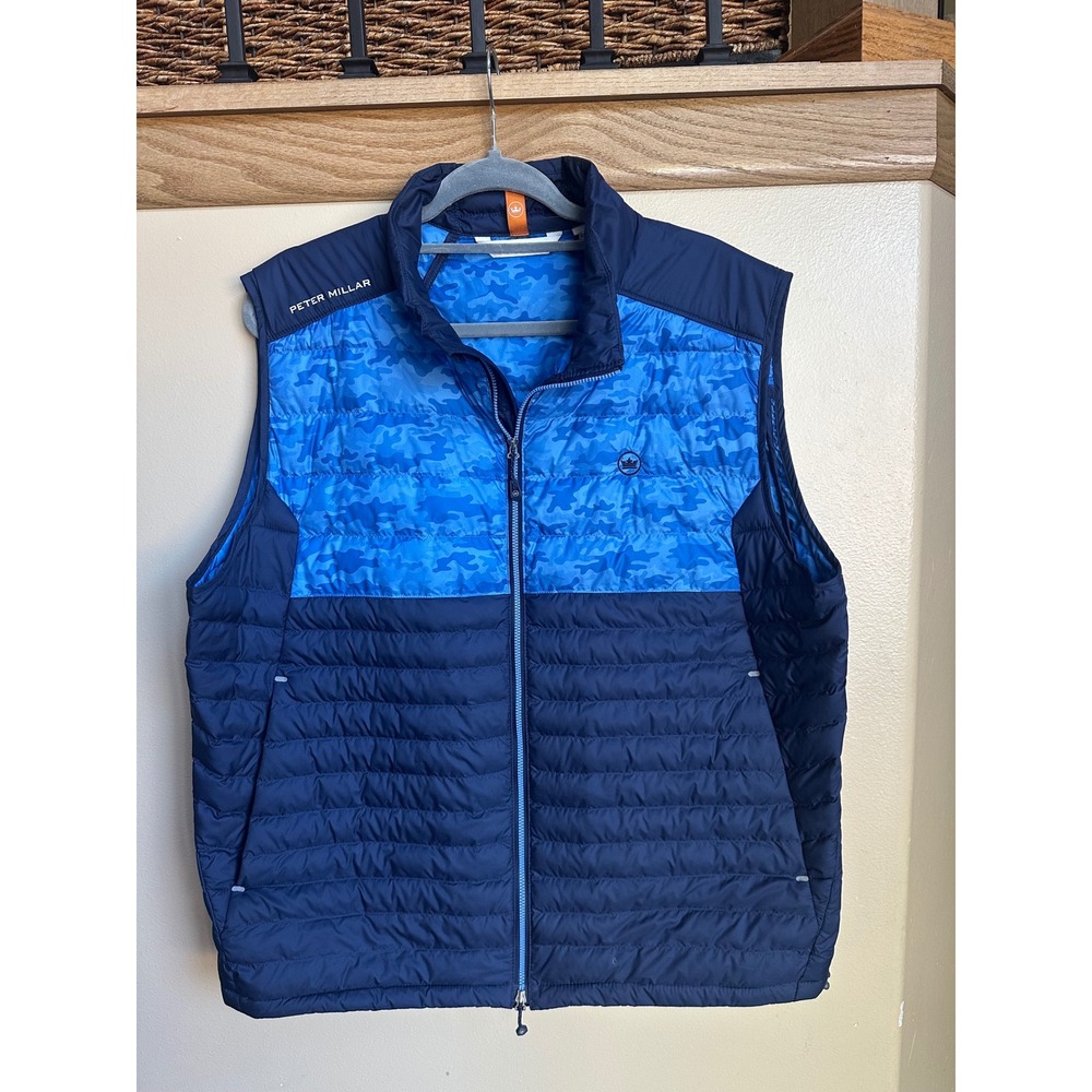 Peter Millar Hyperlight Vest Mens XL Blue Camo Quilted Puffer Golf Full Zip Navy
